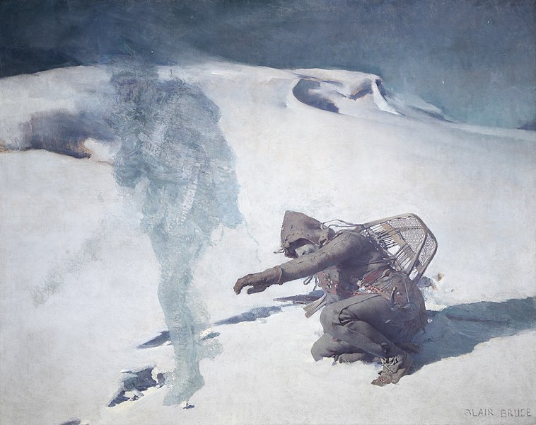 Bild: En jägare kämpar liggande i snön medan en spöklik gestalt går därifrån; mörk, desorienterande stämning.