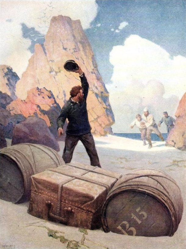 Bild: En stor koffert och ett par tunnor upptäcks på sandstranden omgiven av klippor. Upphittaren vinkar upprymt med hatten till sig tre andra män som kommer springande. De ser alla ut att vara skeppare. Är något värdefull de funnit.